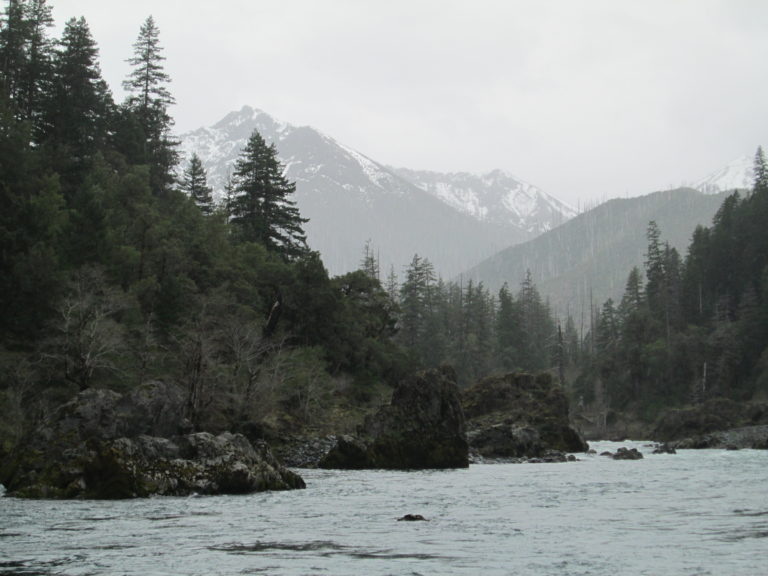 Rafting the Illinois River while looking back upstream at Klondike creek in the Kalmiopsis Wilderness Area.