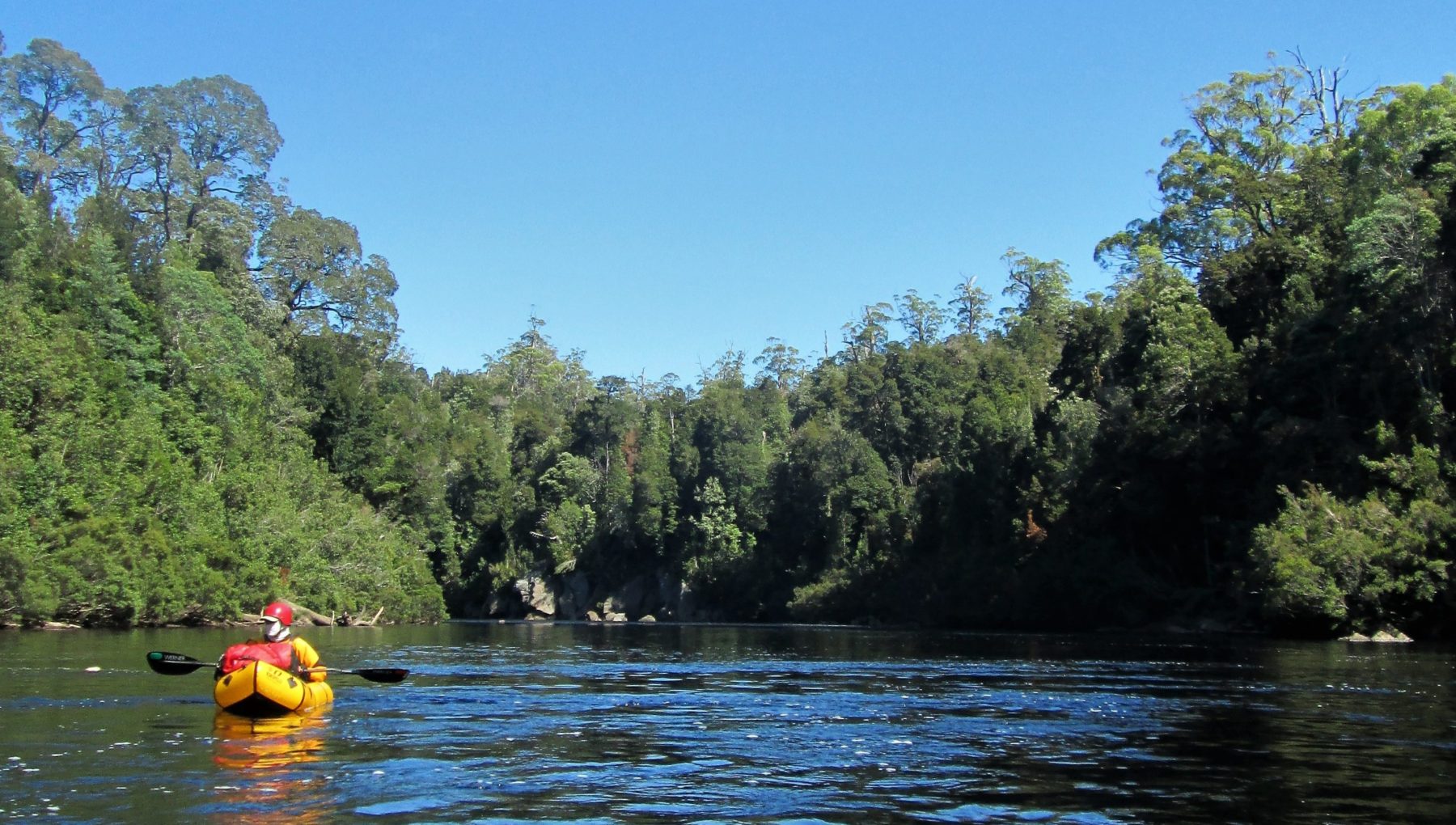 packraft on Lower Franklni River in Tasmania
