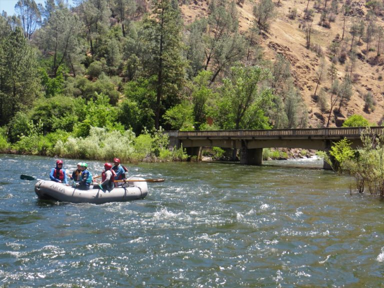 shows what Merced river rafting looks like where the Merced river meets the south fork of the merced river