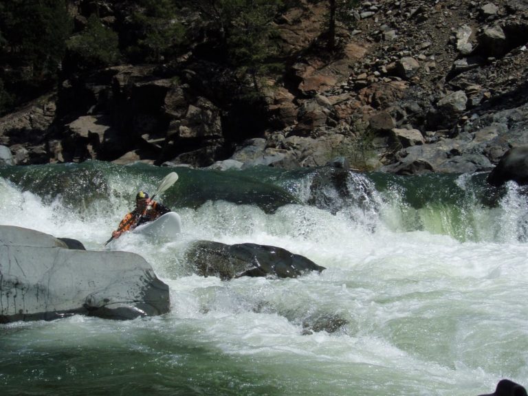 shows boof onto a rock rapid on the Middle Fork Feather River