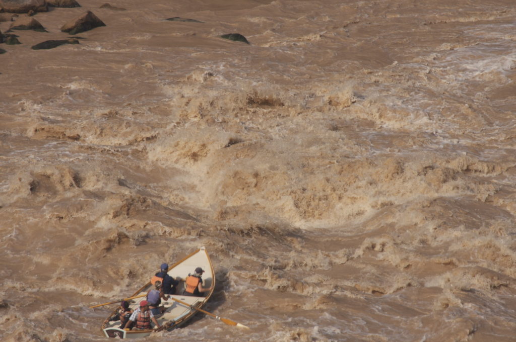 dory running brown muddy rapid on the Colorado River