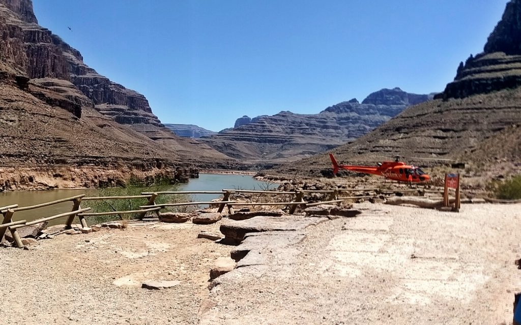 helicopter at take-out for one day grand canyon rafting trips