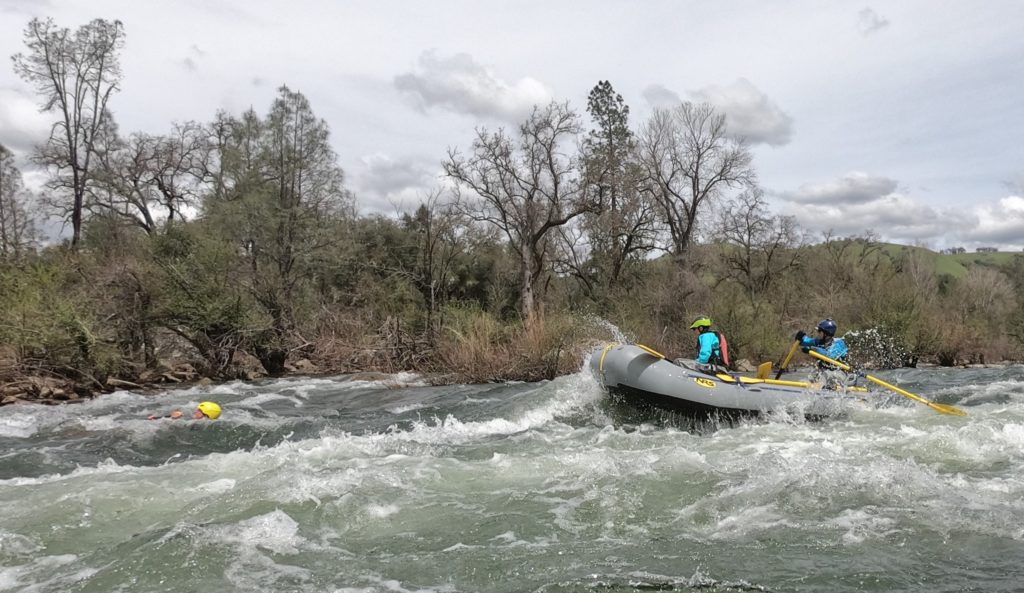 swimmer in rapid downstream of whitewater raft