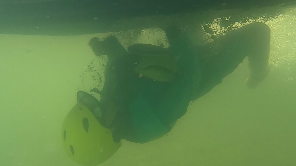 woman wearing drysuit while swimming under a raft