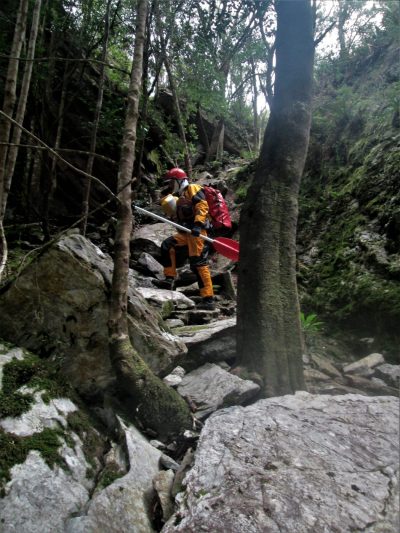 Classic Franklin Portage Trail – the Churn kayaker carrying gear on portage along the Franklin River
